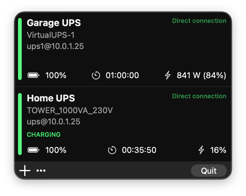 UPS Power Monitor menu bar item on macOS
